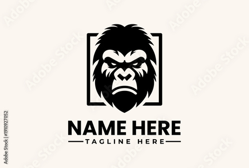 A black and white vector illustration of a gorilla's head in a square frame with a placeholder text for a name and tagline on a beige background.