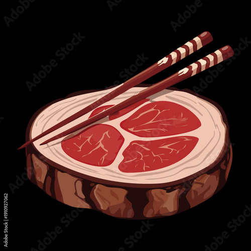 Thick slice of raw beef steak served on a rustic wooden board with elegant chopsticks - Vector Illustration