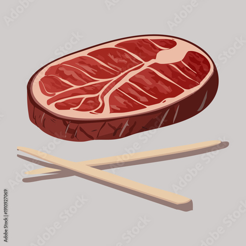 Marbled raw beef steak slice with two light wooden chopsticks for high quality cooking preparation - Vector Illustration