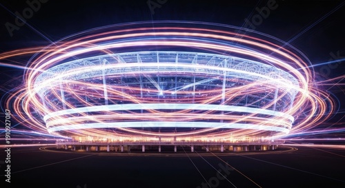 Light trails surround a stadium-like structure, suggesting energy flow