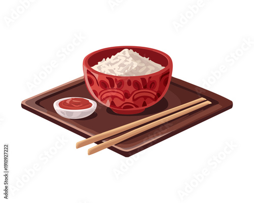 Bowl of rice with dipping sauce served on a dark wooden tray with dining chopsticks - Vector Illustration