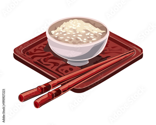 Small bowl of white rice with wooden chopsticks on a dark decorative lacquer tray - Vector Illustration