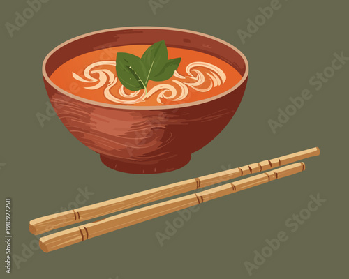 Hot ramen soup bowl with noodles and vegetables using long wooden chopsticks for meal - Vector Illustration