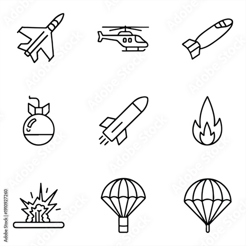 A collection of military and aviation icons in a simple line style