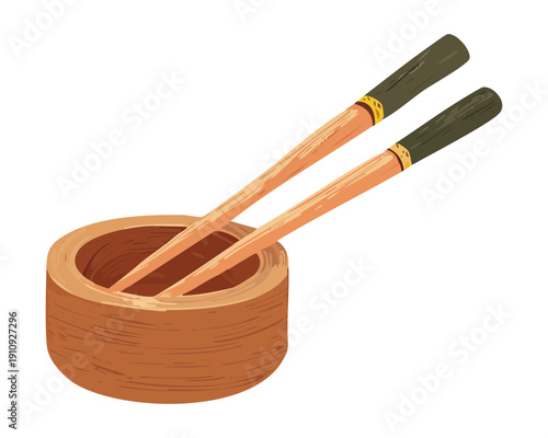 Small wooden dipping bowl with chopsticks for soy sauce or condiments in asian dining - Vector Illustration