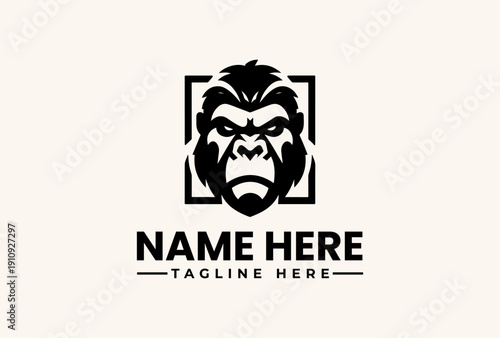 Free Download A black and white illustration of a gorilla's face in a square frame with placeholder text for a name and tagline on a beige background. - GFXLoad