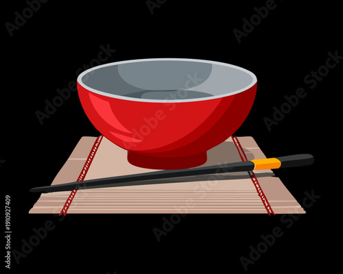 Red bowl with chopsticks on a bamboo mat for serving traditional asian rice soup - Vector Illustration