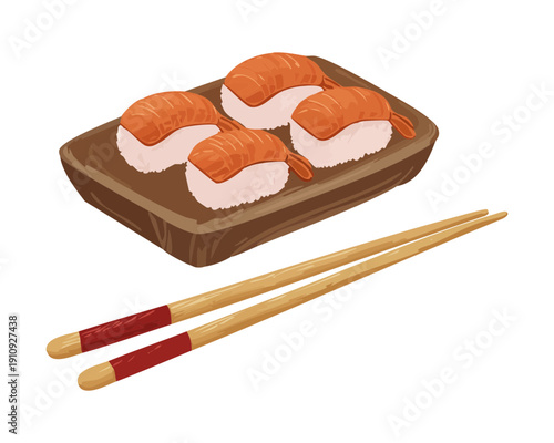 Trio of salmon nigiri sushi on a wooden board with chopsticks for japanese lunch - Vector Illustration