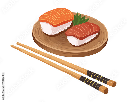 Two pieces of fresh salmon sushi on a round wooden plate with long chopsticks - Vector Illustration