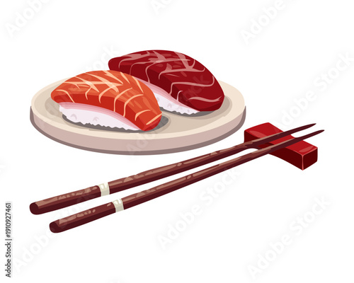 Variety of tuna and salmon sushi on a white plate with dark wooden chopsticks - Vector Illustration