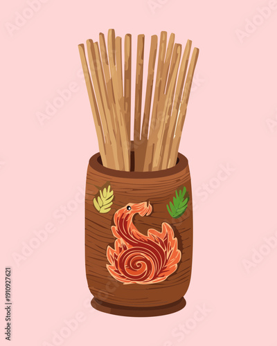 Bunch of wooden chopsticks in a tall decorated ceramic container for restaurant table service - Vector Illustration
