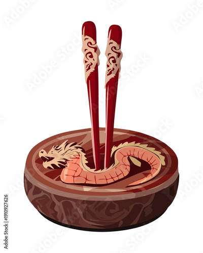 Pair of decorative chopsticks in a dragon bowl for traditional and symbolic asian dining - Vector Illustration