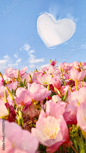 Bright pink flowers grow under a blue sky with a heart shape cloud floating above them during a sunny day in spring. Concept of love and health