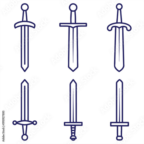 A collection of six medieval sword illustrations in blue lines on a white background