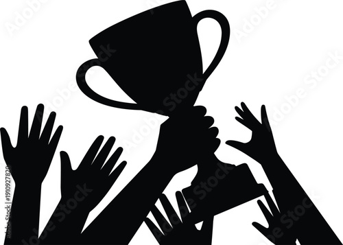 Winner holding trophy cup silhouette vector, crowd of hands reaching for championship success and victory