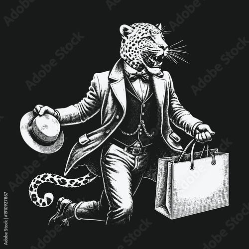 Leopard in a Suit: A Whimsical Shopping Spree Illustration.