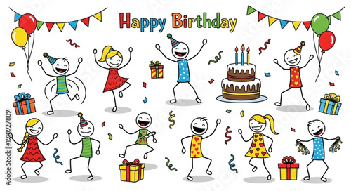 Cartoon Characters Celebrating Happy Birthday Party.