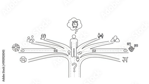 Person at Crossroads Making Decision, Choosing Future Path with Many Options