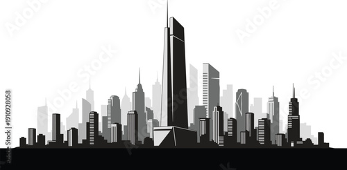 Black silhouette vector illustration of modern city skyline with skyscrapers and high-rise buildings, urban architecture design representing metropolitan landscape