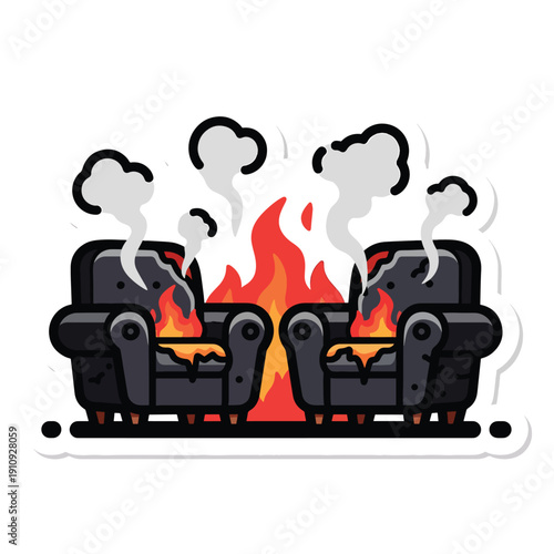 Illustration of two black industrial machines with flames and smoke, showcasing machinery in a fiery environment from a front viewpoint