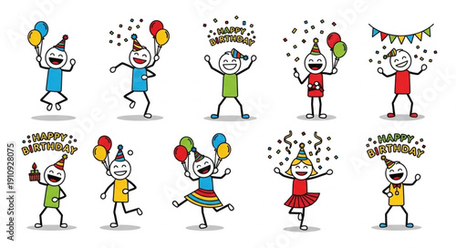 Cartoon Characters Celebrating with Balloons.