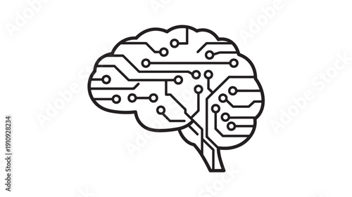 Artificial brain with circuit board design in minimalist style with black lines on white background for technology