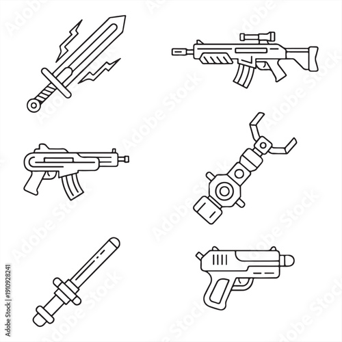 A collection of various weapons including swords and guns in a simple line art style