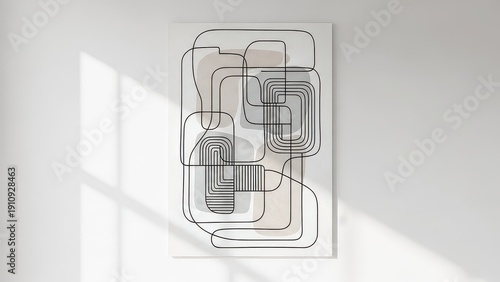 Abstract geometric line art with rounded shapes and muted earth tones on a white background