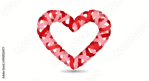 A heart shape made of intertwined red and pink ribbons on a white background