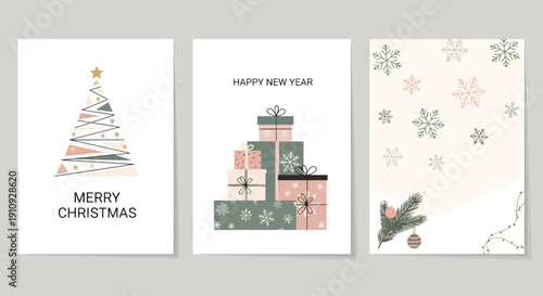 Christmas and New Year greeting cards with geometric tree, gifts, and snowflakes