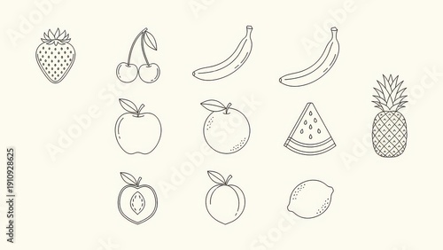 Hand Drawn Fruit Icons Set: Strawberry, Cherries, Banana, Apple, Orange, Watermelon, Pineapple, Peach, Lemon