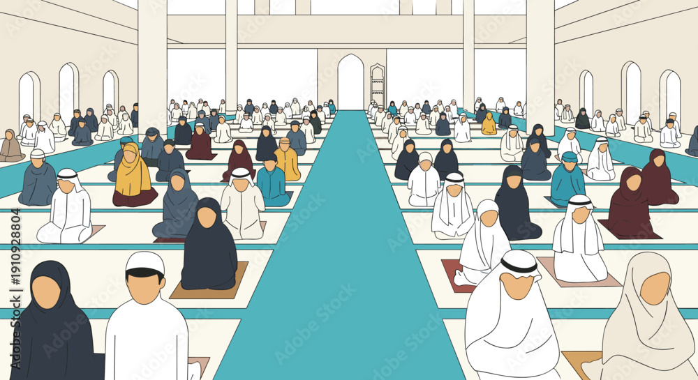 Obraz premium Sholat Flat Design Ramadhan Kareem Greeting Celebration Banner Flat Illustration. Vector Illustration Ramadan Kareem Celebration design for poster, greeting card, banner and cover.
