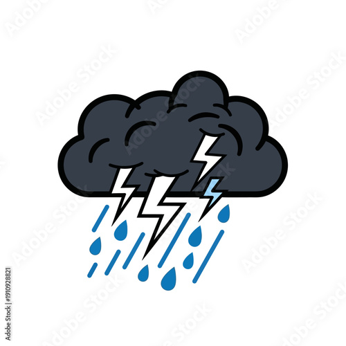 A dark storm cloud with lightning bolts and rain falling down, viewed from the front