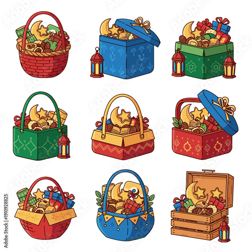 Collection of colorful woven gift baskets for eid celebration