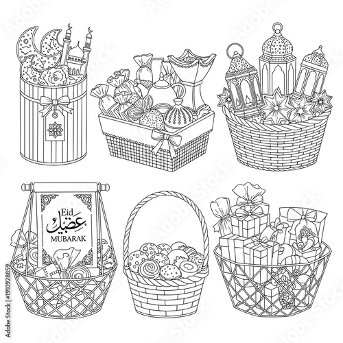 Set of line art drawings for traditional gift hampers