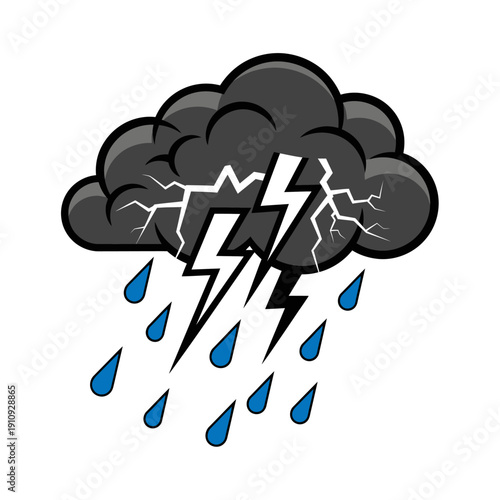 Dark stormy cloud with lightning and rain pouring down in a dramatic weather scene illustration