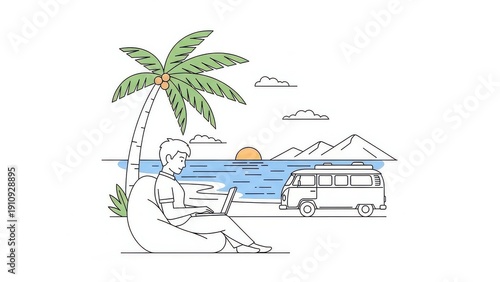 Digital Nomad Working Remotely on Tropical Beach with Camper Van and Sunset