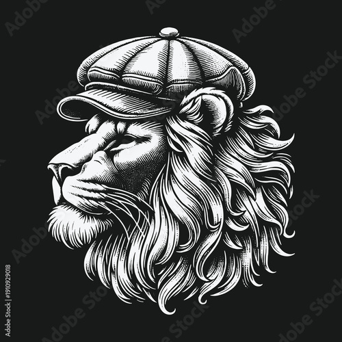Lion with a Peaky Blinders Cap: A Study in Contrasts.