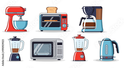 Assorted kitchen appliances including mixers, microwaves, and blenders on display showcasing modern technology and cooking essentials