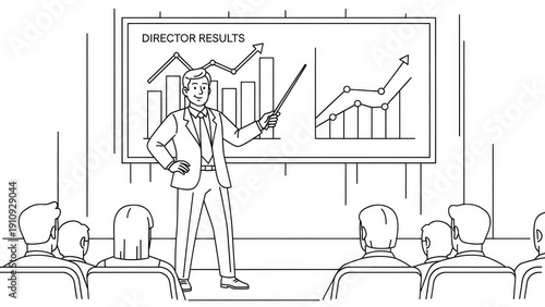 Business director presenting growth charts to an audience in a meeting room