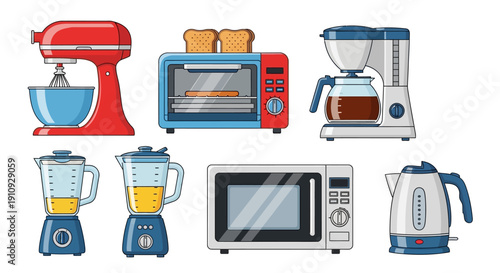 Assorted kitchen appliances including mixers, toasters, and blenders on display in a modern kitchen setting from a straightforward viewpoint