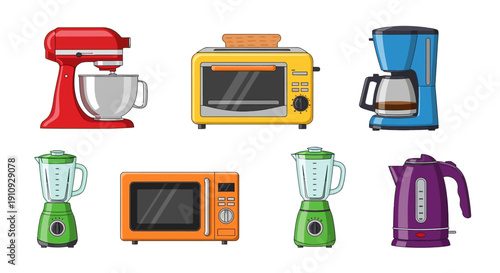 Assorted kitchen appliances including mixers, toasters, blenders, and coffee makers on display in a modern kitchen setting from a straightforward viewpoint.
