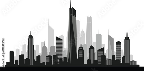 Black silhouette vector illustration of modern city skyline with skyscrapers and high-rise buildings, urban architecture design representing metropolitan landscape