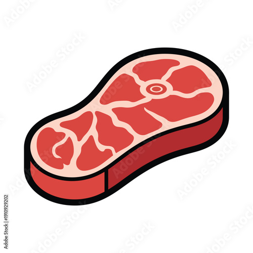 A high-quality steak illustration, showcasing a raw red meat cut with visible fat layers, presented on a plain white background from a straightforward viewpoint