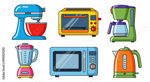 Assorted kitchen appliances including mixer, toaster oven, blender, microwave, and kettle on display