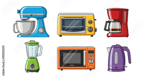 Assorted kitchen appliances including mixer, toaster, blender, microwave, and kettle on display in a modern kitchen setting viewed from above