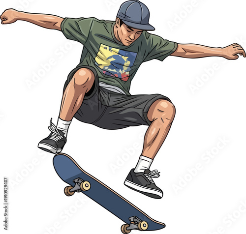 Fearless male skateboarder performing a high jump trick in mid air on a white background