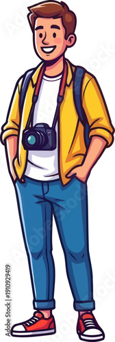 Enthusiastic young male photographer wearing a yellow shirt and carrying a professional digital camera