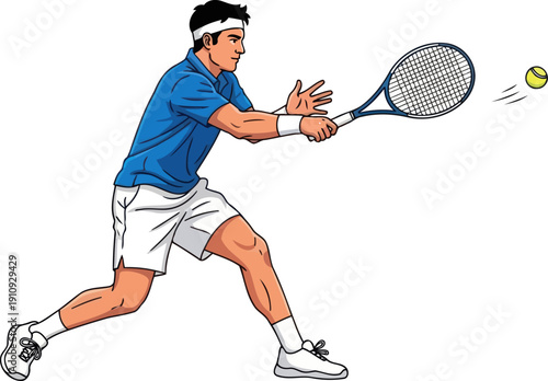 Focused male tennis player hitting a strong backhand shot with a racket and ball