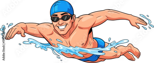 Happy male swimmer wearing goggles and cap performing freestyle stroke in clear blue water